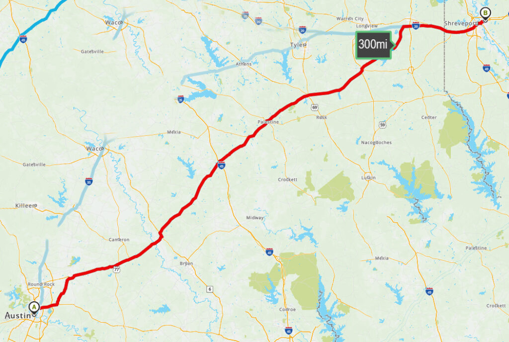 map showing 300 mile irs backlog from Austin, Texas to Shreveport, Louisiana.