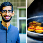 Sundar Pichai on left. Grilled food on right.
