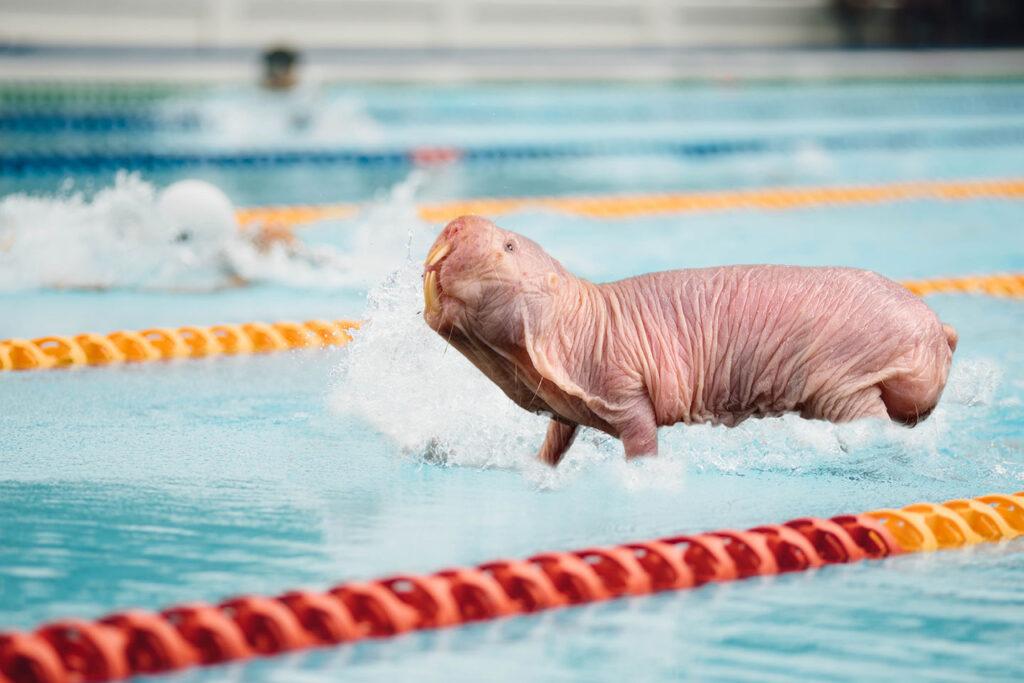shaved beaver competes in women's swimming. naked mole rat in pool