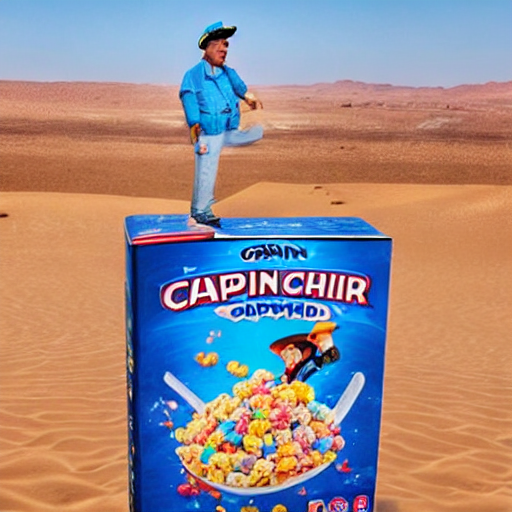 strange artificial intelligence generated photo of Captain crunch standing on cereal box that says, "CHPIN CHIR" in the middle of the desert