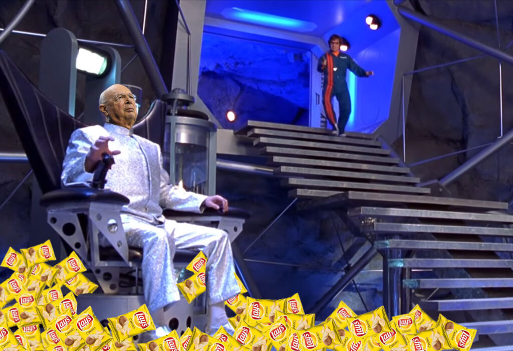 moon base scene from austin powers with klaus schwab's face photoshopped onto dr. evil's body. demonstrating the age of abundance by sitting above a pile of lays potato chips