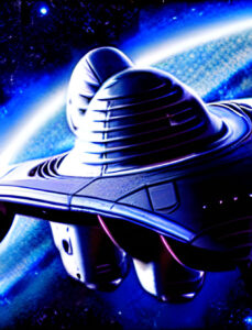 A purple anunnaki alien spaceship flying through space with a planet in the background