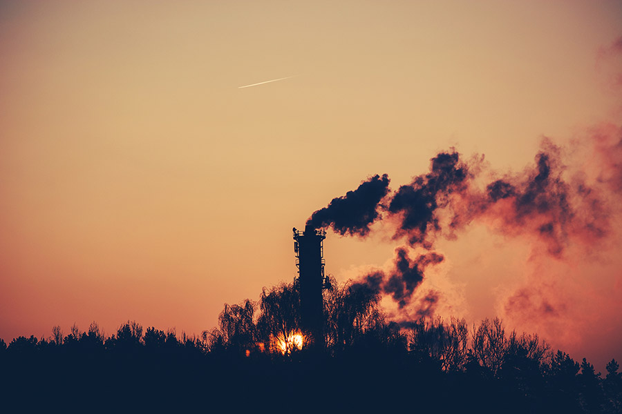 Industrial smoke stack in forest with sunset